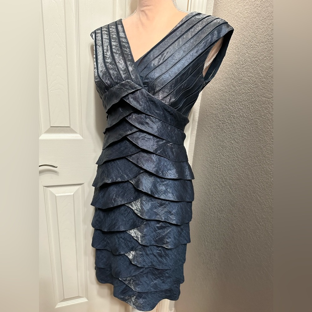 Adrianna Papell Navy Blue Shimmer Layered Cocktail Dress - Picture 2 of 7